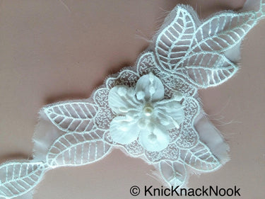 Off White Layered Flower Trim With Sheer Fabric And Crochet Embroidery With Pearl, Cotton Dyeable Trim, Approx. 10cm Wide - 200317L39